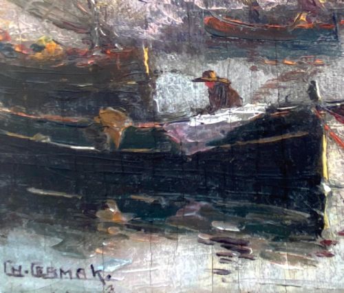 fig 2. Cote d'Azur, Boats in the harbour of Saint Tropez, ca 1930, evening light Provence French Riviera Mediterranean seascape oil on panel