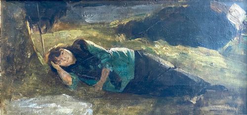 The Homely Woodland Nymph, Circa 1870: 19th Century Antique French Oil on Board on Canvas Painting
