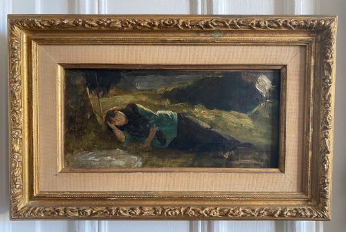 fig 3. The homely woodland nymph, circa 1870: 19th Century antique French oil on board on canvas painting