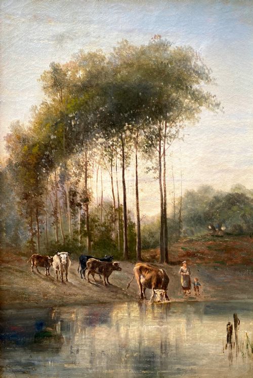 The Little Cowherdess and Her Son, Ca 1870 French 19th Century Barbizon Fontainebleau Rural Scene Landscape Painting Oil on Canvas