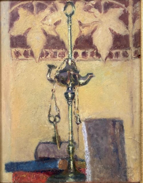 Symbolist and Literary Still Life, Books and Keys Circa 1935, by French Woman Artist Antique Painting Oil on Board