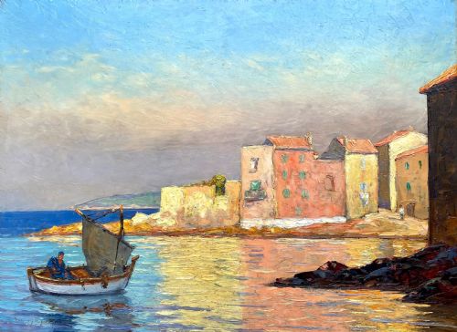 Late Afternoon in Saint Tropez, Ca 1940 French Riviera Harbour in the South of France Provence Mediterranean Seascape Oil on Panel