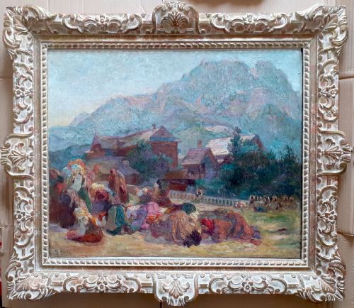fig 1. An early 20th-century oil painting on canvas featuring figures in traditional dress kneeling in prayer near wooden village houses beneath a towering mountain peak.