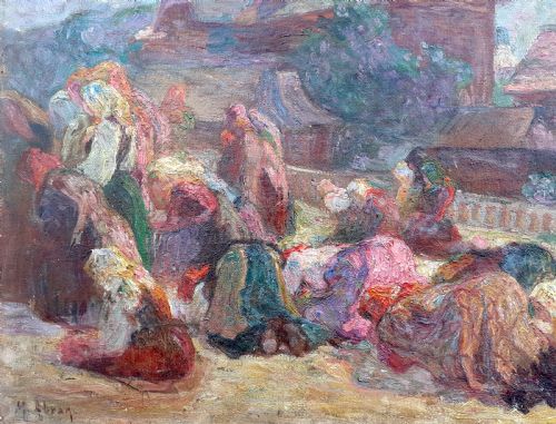 fig 2. An early 20th-century oil painting on canvas featuring figures in traditional dress kneeling in prayer near wooden village houses beneath a towering mountain peak.
