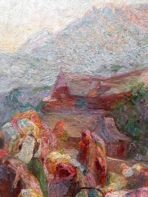 fig 3. An early 20th-century oil painting on canvas featuring figures in traditional dress kneeling in prayer near wooden village houses beneath a towering mountain peak.