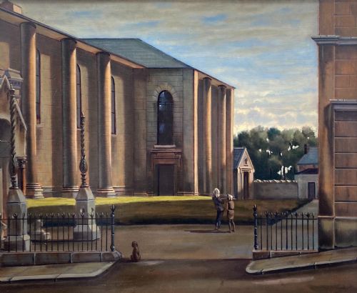 fig 1. Architecture: dreamlike hyperrealist city scene with figures and a dog French surrealist oil on board painting