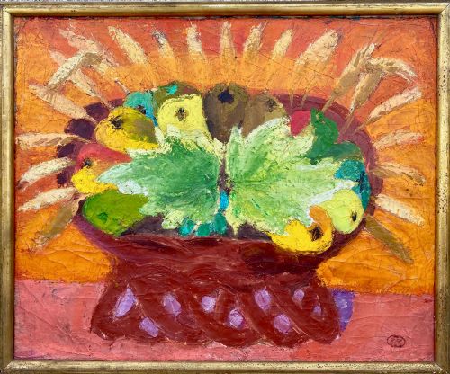 fig 1. Joyful abstracted still life with fruit and wheat, French colourist woman artist oil on canvas painting