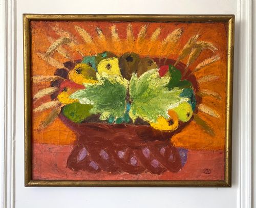 fig 2. Joyful abstracted still life with fruit and wheat, French colourist woman artist oil on canvas painting