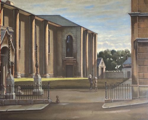 Architecture: Dreamlike Hyperrealist City Scene with Figures and a Dog French Surrealist Oil on Board Painting