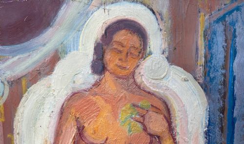 fig 1. A full-length oil painting on paper depicting a standing female nude figure framed by white drapes against a background of blue, purple, and yellow accents.