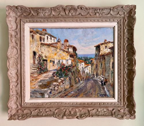 fig 1. Village life on the French Riviera, a sunny street on the Cote d'Azur, the South of France 1940s oil on canvas