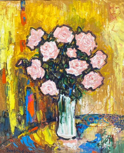 Surrealist Floral Still Life - Russian Neo Primitivist Gouache on Paper Painting