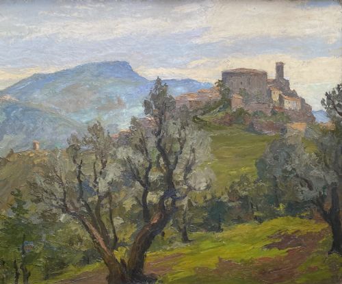 A Hillside Village in Provence, the South of France, Circa 1940 Oil on Board