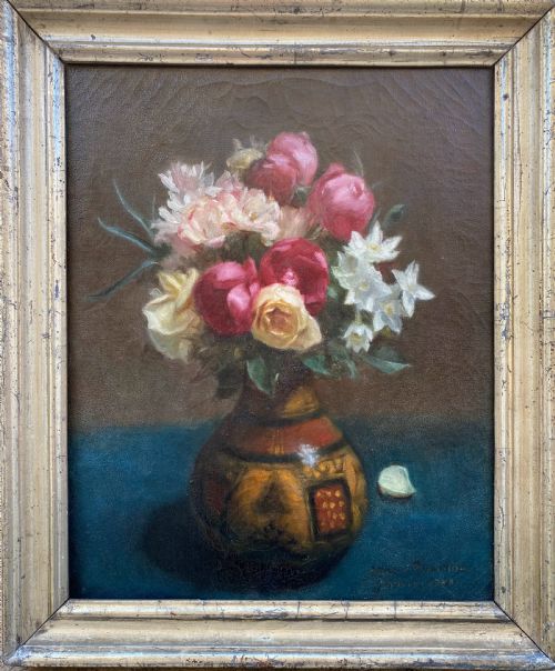 fig 1. Roses in an ethnic vase, 1888: art nouveau period bohemian still life by woman artist, French oil on canvas