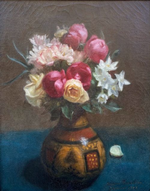 Roses in an Ethnic Vase, 1888: Art Nouveau Period Bohemian Still Life by Woman Artist, French Oil on Canvas