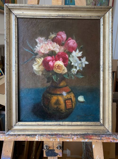 fig 2. Roses in an ethnic vase, 1888: art nouveau period bohemian still life by woman artist, French oil on canvas