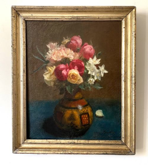 fig 3. Roses in an ethnic vase, 1888: art nouveau period bohemian still life by woman artist, French oil on canvas