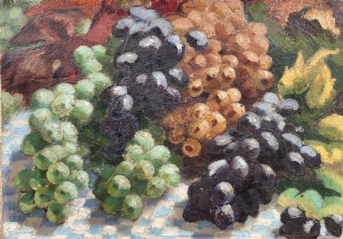 Grapes on a Chequered Tablecloth, 1930, a Wine and Food Lover's Still Life, Art Deco Period French Oil on Canvas