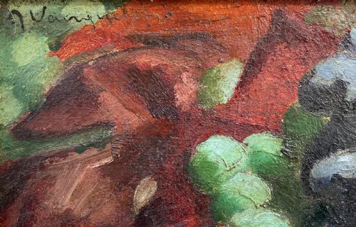 fig 1. A 1930s Art Deco oil painting on canvas depicting clusters of green, black, and amber grapes resting on a blue and white chequered tablecloth.