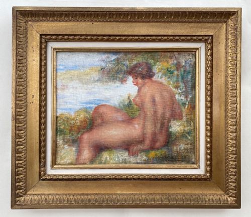 fig 1. An Impressionist oil painting on canvas depicting a seated female nude in profile against a dappled landscape background.