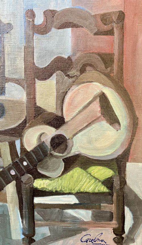 fig 2. Cubist abstracted still life with chair and resting guitar, 1959, by French avant garde dadaist artist Jacques Carelman oil on canvas painting