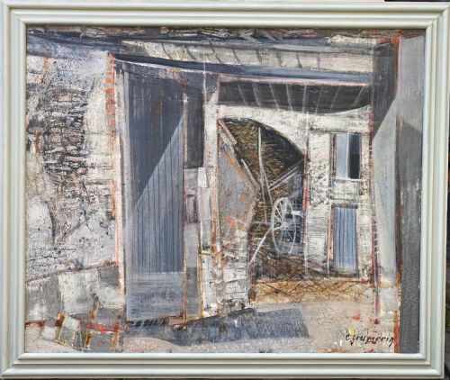 fig 1. A mid-century French modernist oil painting on canvas depicting a rustic barn interior and exterior structure in muted grey and neutral tones, housed within a painted light grey wooden frame.