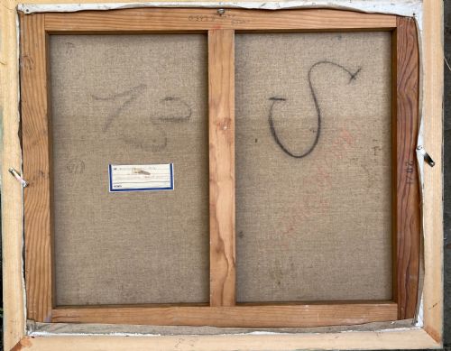 fig 3. A mid-century French modernist oil painting on canvas depicting a rustic barn interior and exterior structure in muted grey and neutral tones, housed within a painted light grey wooden frame.
