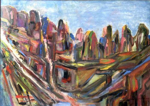 Masterpiece: Consuelo De Saint Exupery -Wife of Antoine - Abstracted Mountains, Mexico, 1958 Important Oil on Board