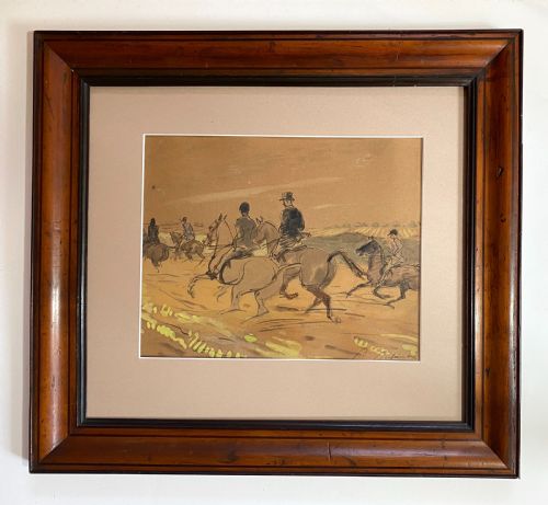 fig 1. A 1920s watercolour painting on toned paper depicting figures on horses riding through an open countryside landscape.