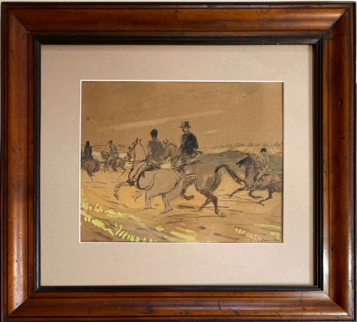 fig 2. A 1920s watercolour painting on toned paper depicting figures on horses riding through an open countryside landscape.