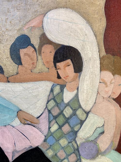 fig 1. The Dance Performance, Ballets Russes, 1937 - Art Deco Ballet Scene by French Woman Artist oil on canvas
