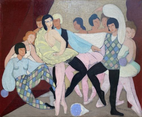 fig 2. The Dance Performance, Ballets Russes, 1937 - Art Deco Ballet Scene by French Woman Artist oil on canvas