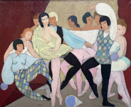 The Dance Performance, Ballets Russes, 1937 - Art Deco Ballet Scene by French Woman Artist Oil on Canvas