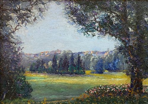 Joys of May, Spring in the Valley, French Impressionist Landscape 1914 Oil on Panel