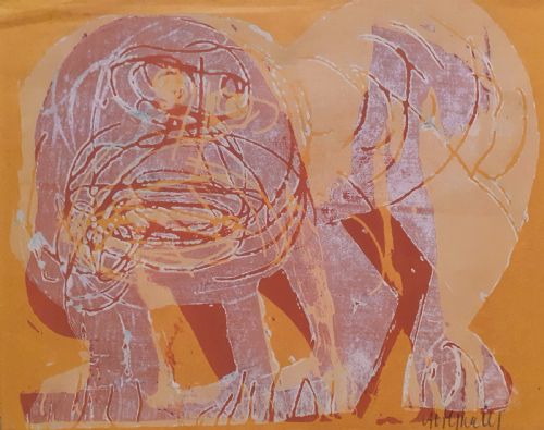 German Expressionist, Astra the Lion, Fantastical Animal, 1963, Rare Mid Century Modernist Woodcut in Colours