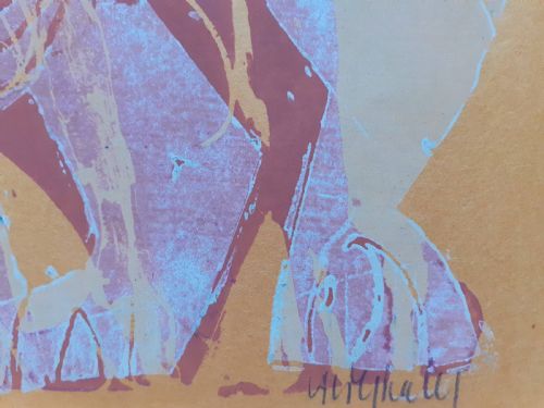 fig 1. A mid-century expressionist colour woodcut print depicting a stylised lion in terracotta red and orange hues on paper.