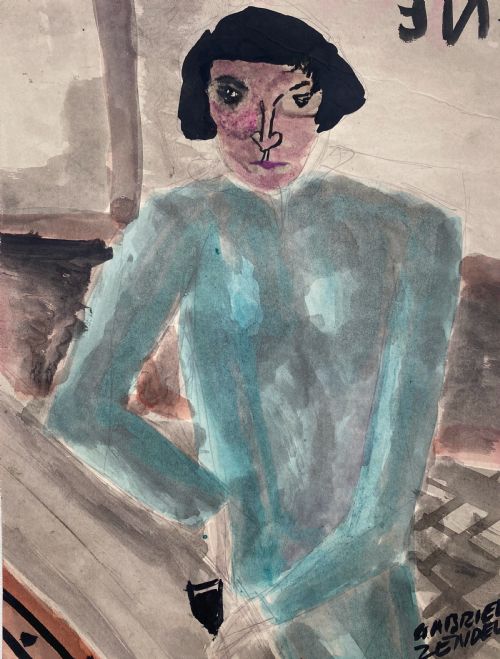 Woman in a Green Dress, Ca 1938: French Fauve Neo Primitivist School of Paris Expressionist Art, Watercolour on Paper