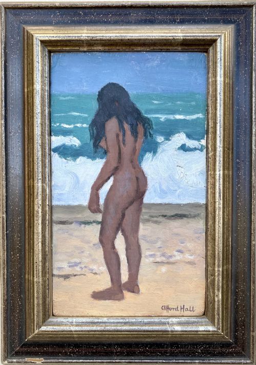 fig 1. The Bather: British modernist, miniature masterpiece, beach and waves, seascape oil on panel