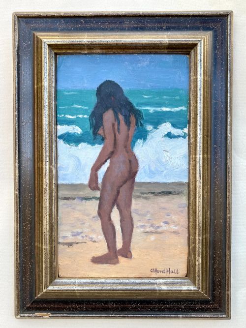 fig 2. The Bather: British modernist, miniature masterpiece, beach and waves, seascape oil on panel