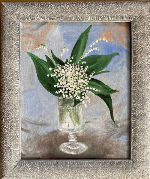 fig 3. A mid-century still life oil painting on canvas depicting white lily of the valley flowers in a clear glass vase against a light blue textured background.
