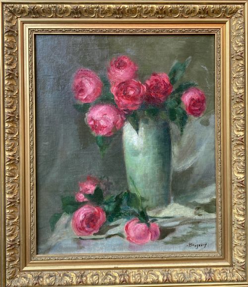 Roses in a Vase: Elegant Art Nouveau Period Antique Floral Still Life Oil on Canvas