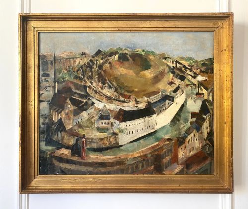 fig 1. Cubist cityscape, circa 1940 figures overlooking spiralling city modernist French woman artist oil on canvas