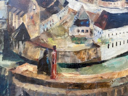 fig 3. Cubist cityscape, circa 1940 figures overlooking spiralling city modernist French woman artist oil on canvas