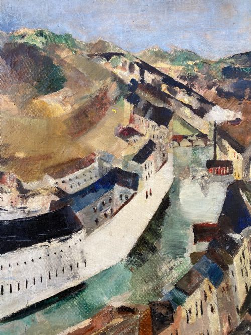 fig 2. Cubist cityscape, circa 1940 figures overlooking spiralling city modernist French woman artist oil on canvas