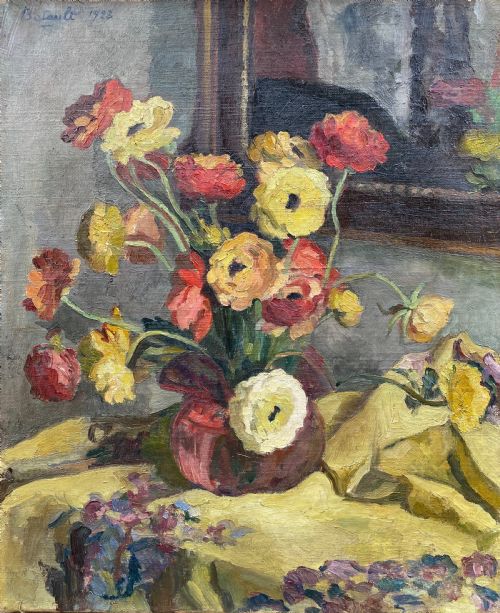 Anemones, 1923, Art Deco Period Floral Composition by Franco Swiss Woman Artist Still Life Oil on Canvas