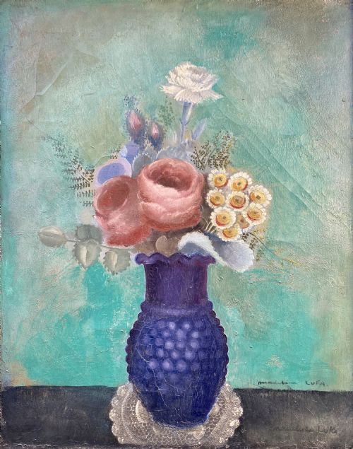 Guileless Grace: 1930s Art Deco Period Floral Still Life Woman Artist Oil on Canvas