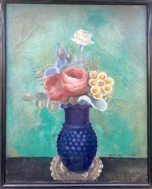 fig 1. Guileless grace: 1930s art deco period floral still life woman artist oil on canvas