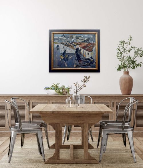 LARGE ABSTRACTED SPANISH CITY DYNAMIC MID CENTURY MODERN FRENCH OIL ON CANVAS - ADDITIONAL PHOTO 6