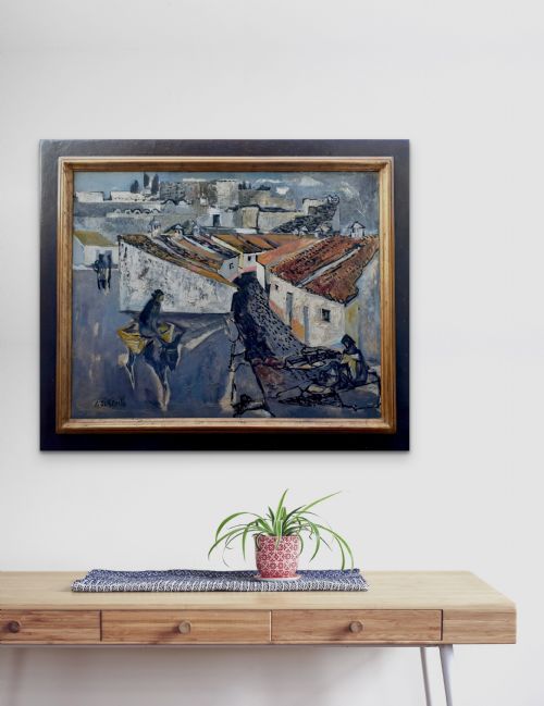 LARGE ABSTRACTED SPANISH CITY DYNAMIC MID CENTURY MODERN FRENCH OIL ON CANVAS - ADDITIONAL PHOTO 7