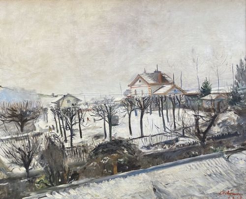 Masterpiece: Snow in the Suburbs, New Year's Day 1928, Large Lowry Like Cityscape French Oil on Canvas